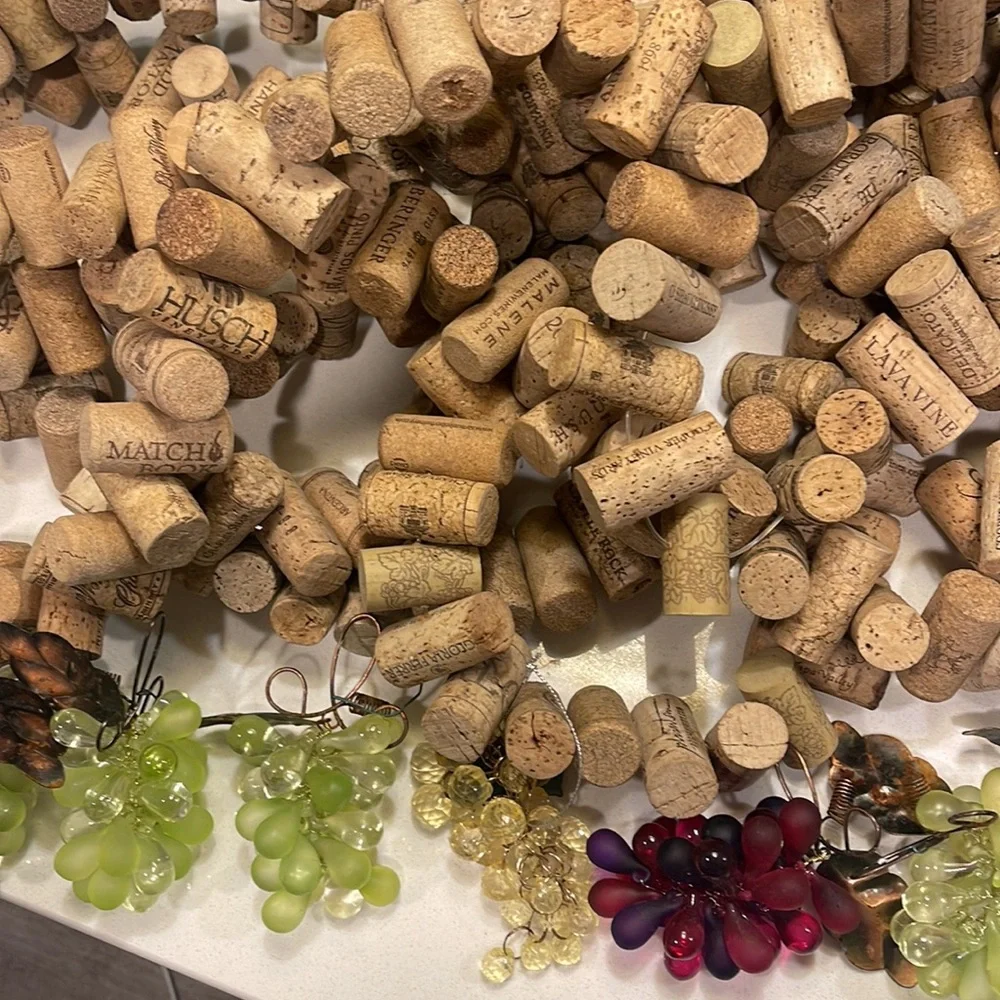 Wine Cork Garland and 8 glass grape leaves ornaments.